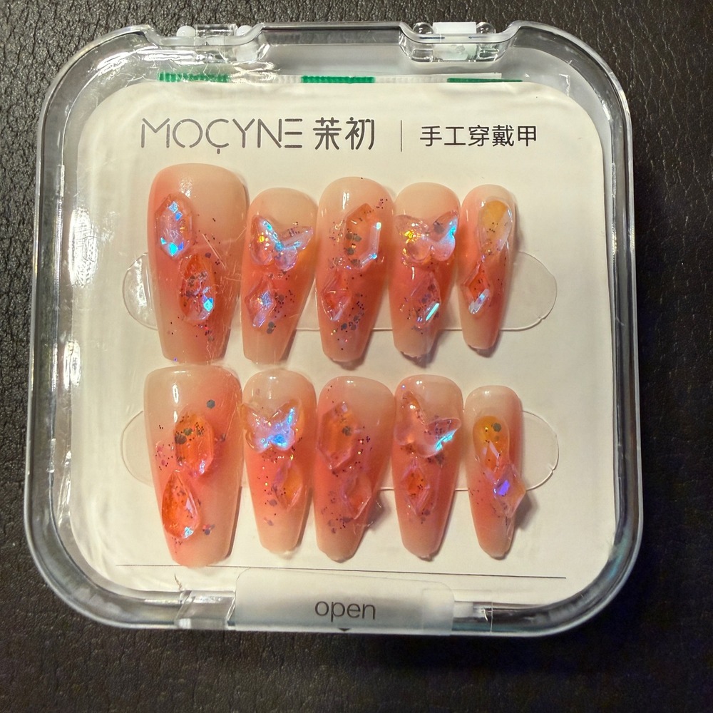 Mocyne 24pc Press On Nails NEW 3D Butterfly Crystal Peach Pink Long Coffin